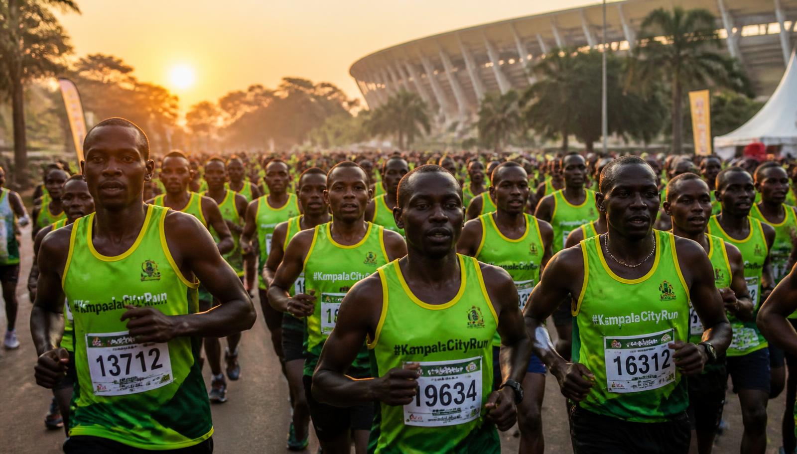 A large field of runners in green and yellow Harambe Run kit setting off at sunrise in Kampala